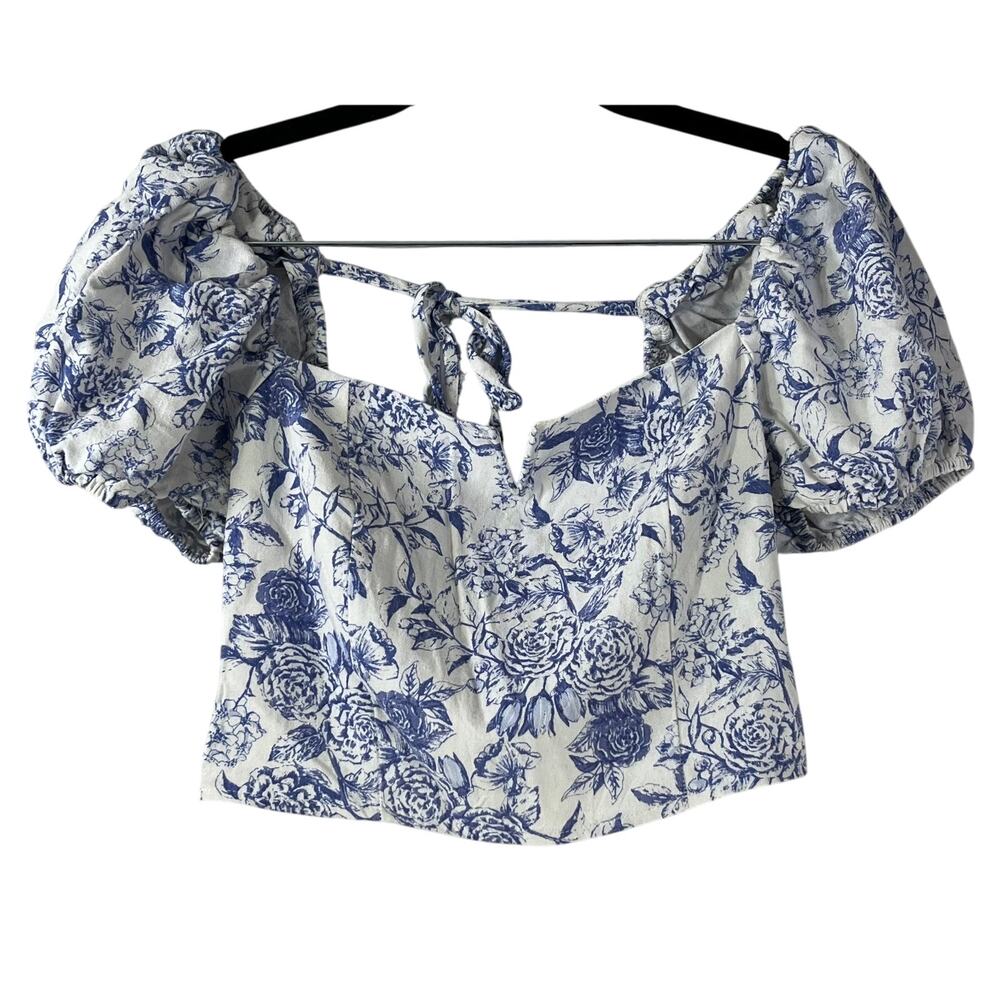 Altered State Blue White Floral Puff Sleeve Crop Top Size M